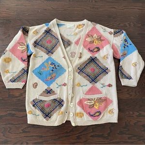 Vintage Stewart Ross Handknit Art Teacher Sweater Cardigan Ivory Button Womens L